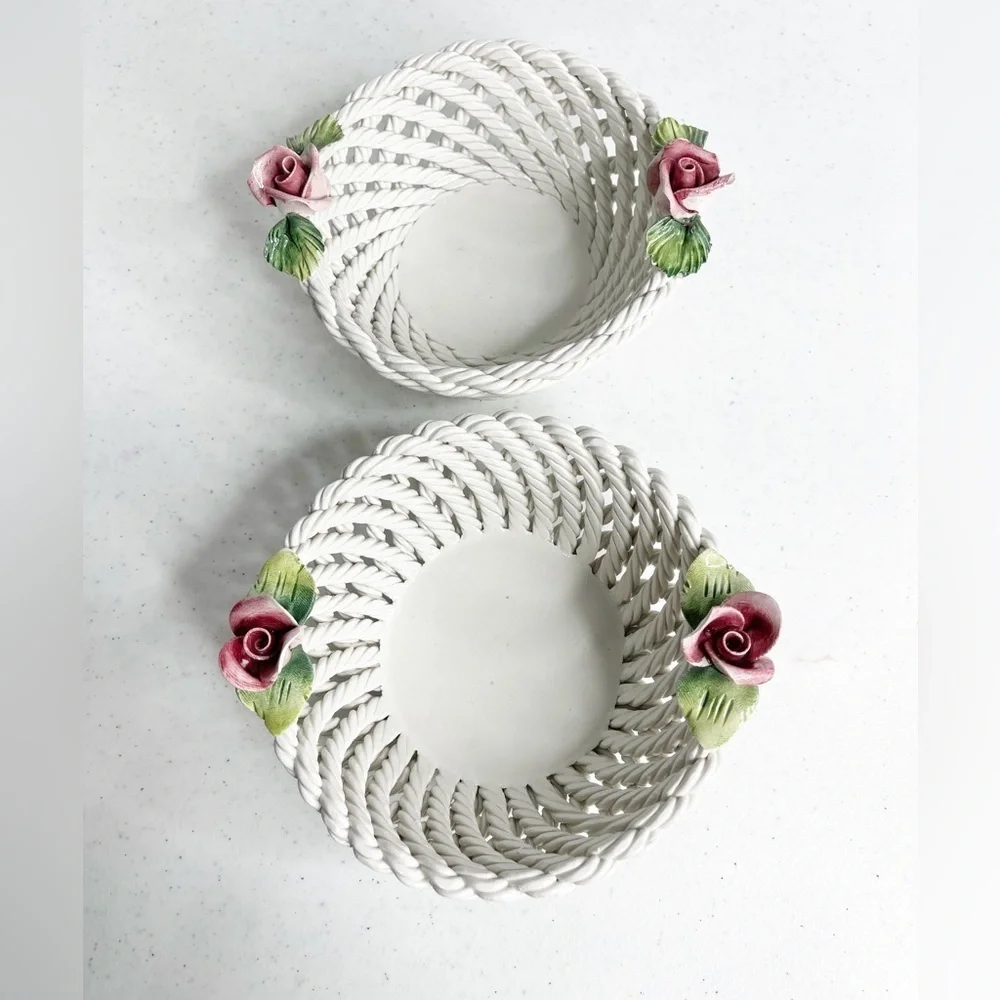 Made in Italy Italian 2 small porcelain woven baskets with flowers atop baskets